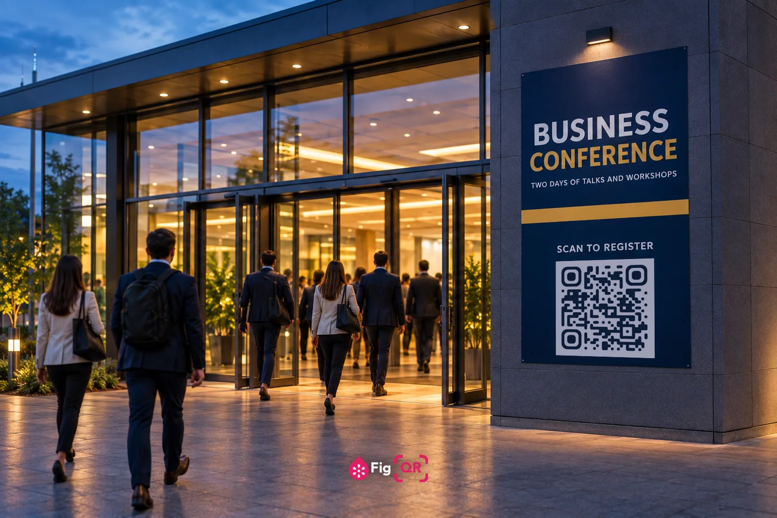 A printed banner beside the doors of a conference centre at dusk, reading 'Business Conference' above 'Scan to register' and a QR code on a pale panel, with attendees arriving through the lit entrance.