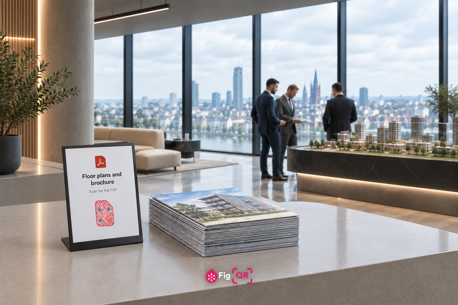 A sign on a property showroom counter reading 'Floor plans and brochure' above a QR code drawn in the shape of a PDF document, with a stack of printed brochures beside it and buyers at the window.