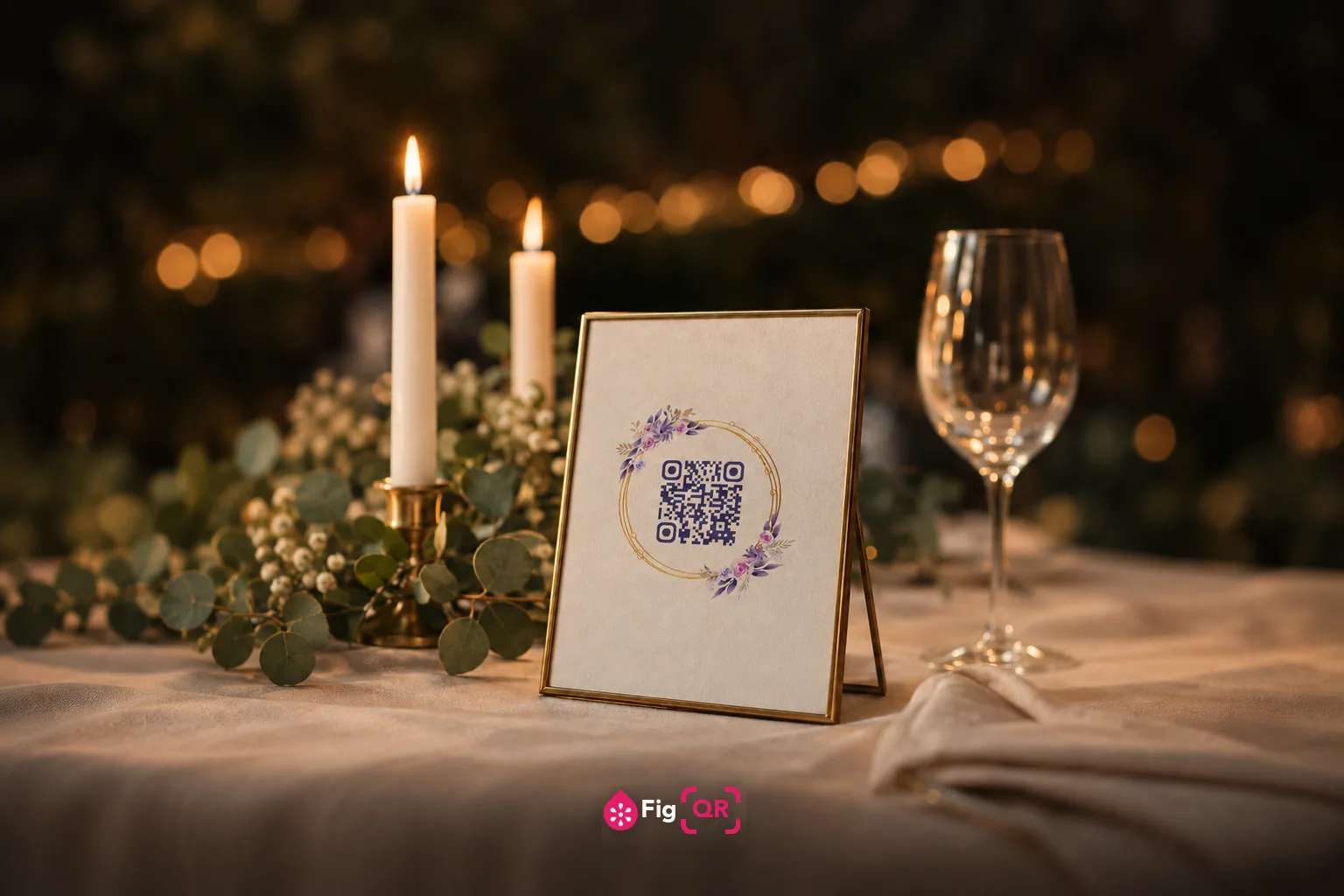 A framed sign on a wedding reception table, lit by two tall candles with eucalyptus and a wine glass beside it. The cream card in the gold frame carries a purple QR code inside a gold wreath of lilac roses.