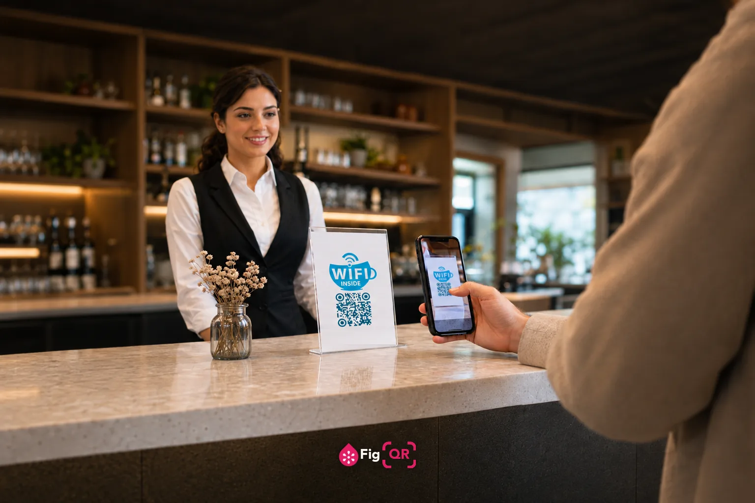 A cafe counter in warm daylight with a member of staff behind it. On the counter an acrylic stand holds a card printed with a blue WiFi cup design and a QR code, and a customer holds up a phone showing that same card through its camera.